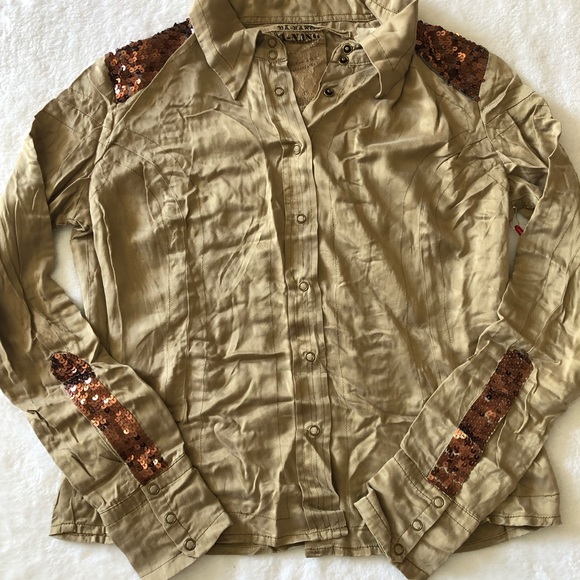 Da-Nang Brown Silk Sequin Long Sleeve Button Up - Picture 3 of 11